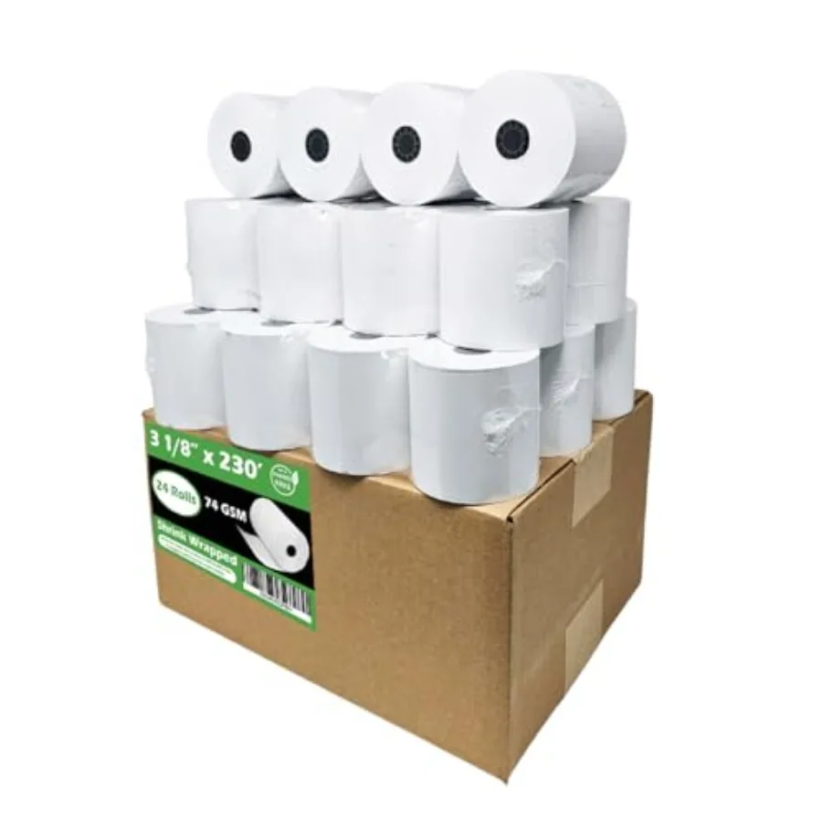 

Бумага термочувствительная без фенолов, 3 1/8 x 230, особо плотная, 24 рулона - 74 г/м², толщина бумаги 74 г/м², рулоны для чеков (с логотипом на обратной стороне), подходит для