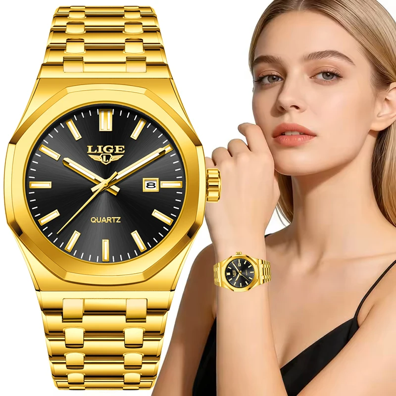 LIGE Creative Watch For Women Elegant Fashion Gold Waterproof Women's Bracelet Wristwatch Sports Luminous Quartz Ladies Watches