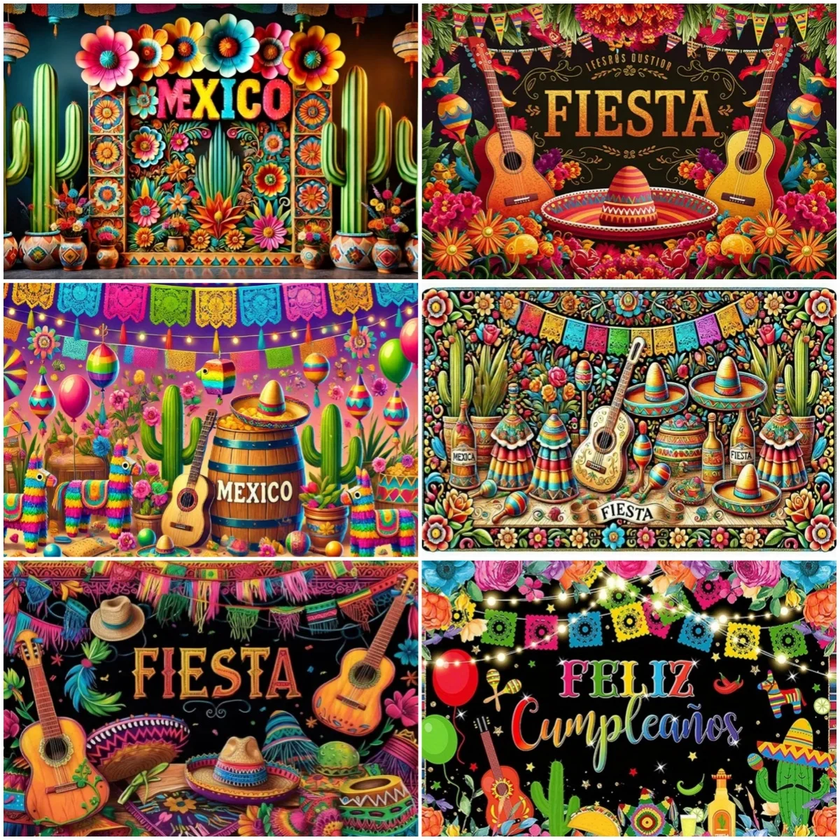 

Mexican Festival Party Backdrop Fiesta Carnival Taco Cactus Straw Hat Decorations Background Photography Studio