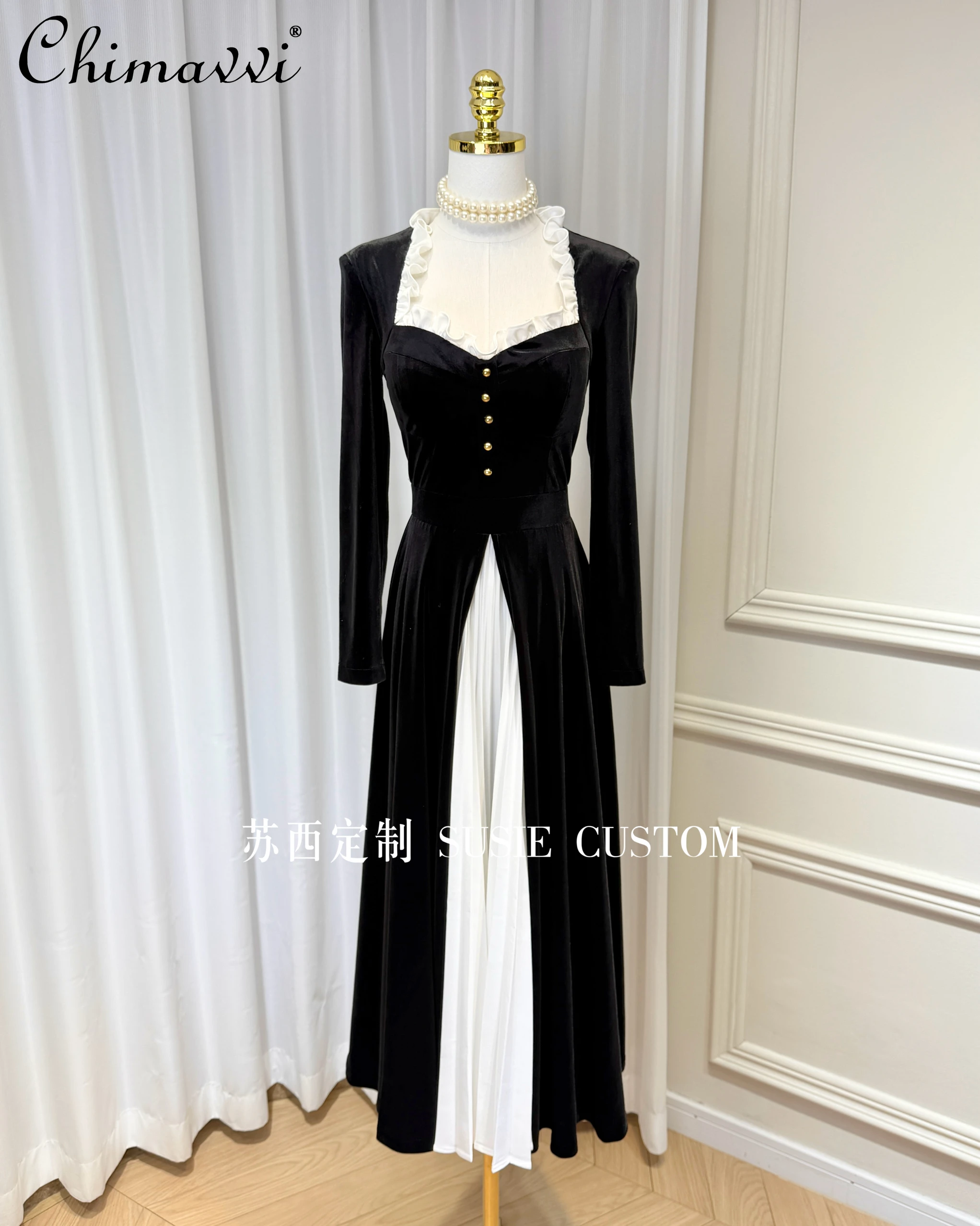 

French Elegant Ruffle Square Collar Long Sleeve High Waist Slim A-line Splicing Big Hemline Black Velvet Evening Dress for Women