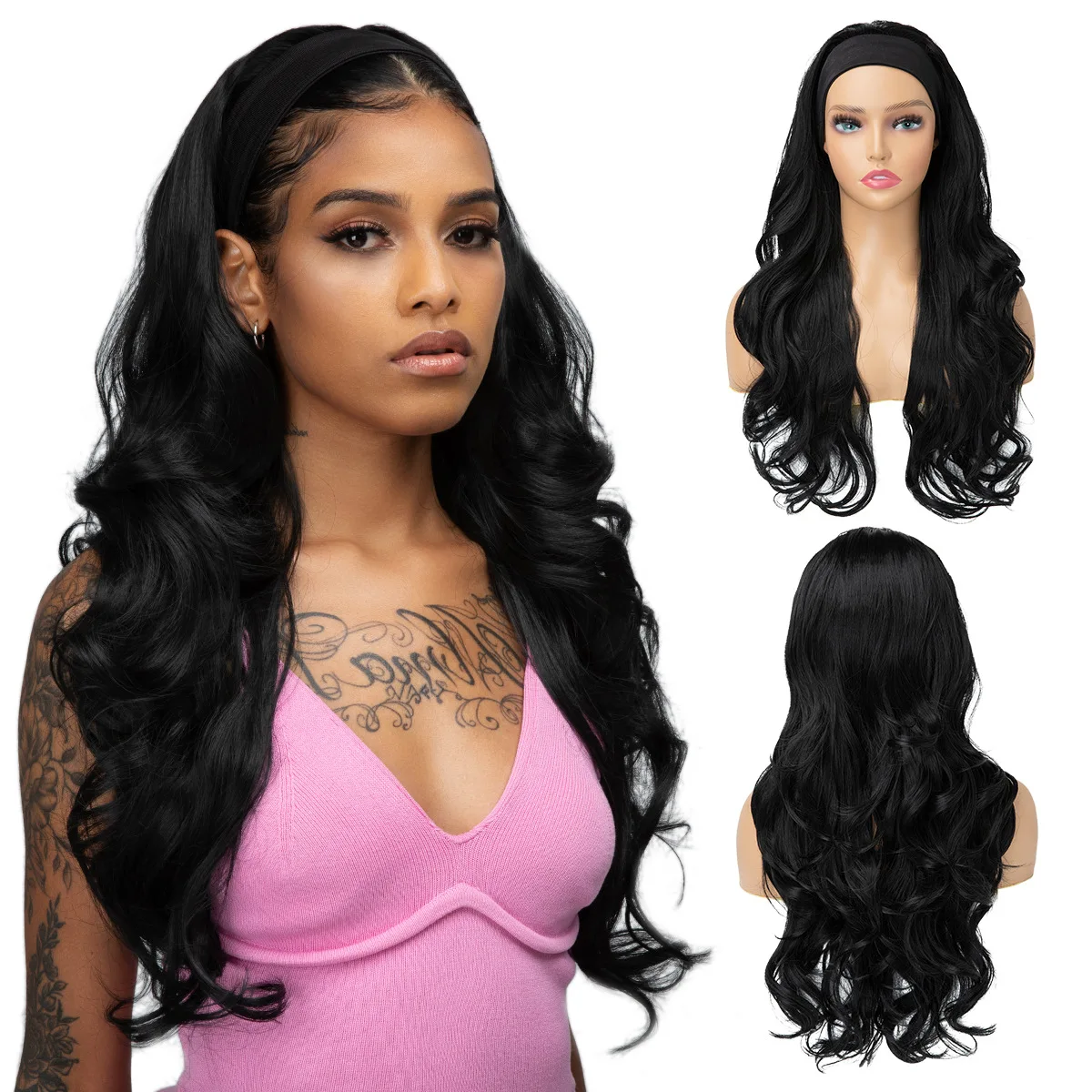 

Women's wig Black wig women's headband yaki headscarf wig big wavy long curly hair chemical fiber half headgear wigs