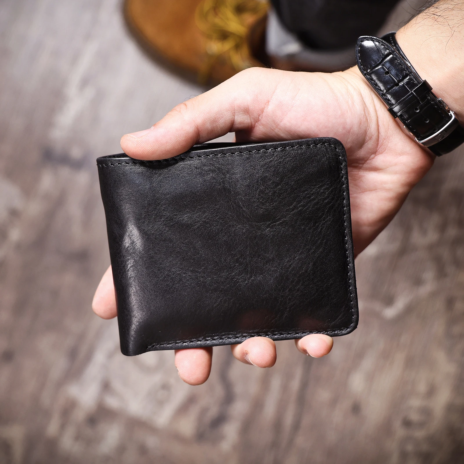 Vintage Herren Klassische Echtleder-Geldbörse Kreditkartenhalter Taschenbörse Rindsleder Retro-Stil – Detail 4