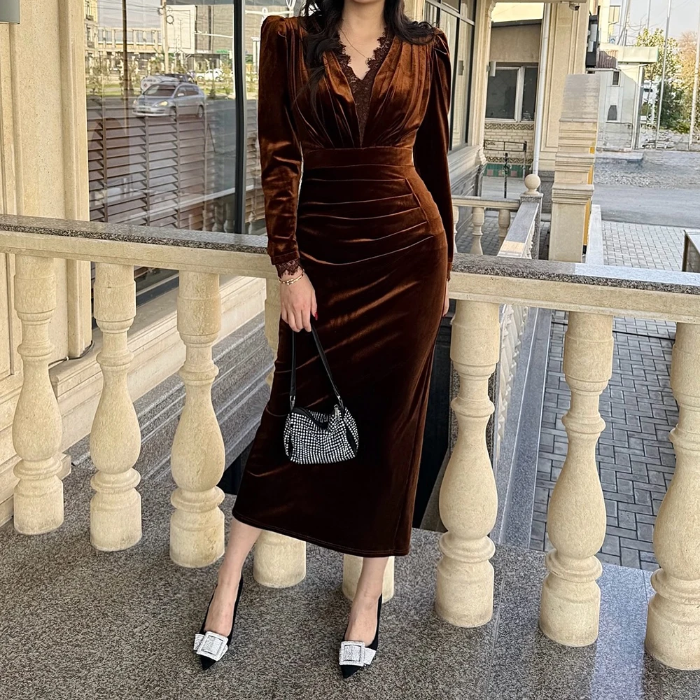 فساتين سهرة مستقيمة مخصصة بطول الشاي ورقبة على شكل حرف V وأكمام طويلة فستان حفلات بسيط من الدانتل بطيات كاجوال للحفلات #2