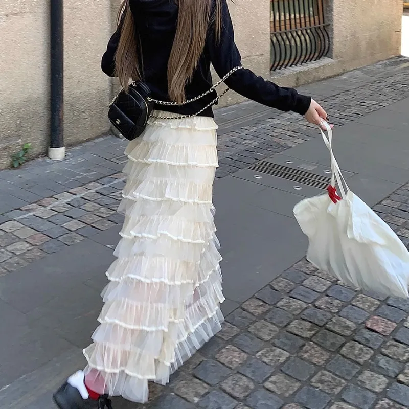 Korean Retro Pleated Casual Mesh Mid-length Skirt Women 2025 Spring New Streetwear High Waist Loose All Match Cake Skirt