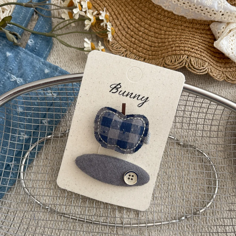Vintage Plaid Hair Clips 2PCS Gray Blue Apple Design Fabric Snap Clips for Girls Side Bangs Non-Damage Barrettes view 4