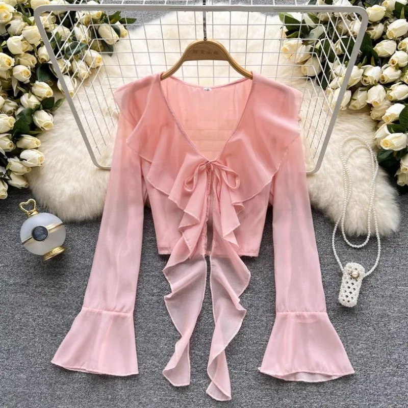 Fashion Patchwork Ruffles Chiffon Women\'s 2024 Summer Solid Color Butterfly Sleeve Short V-neck Cardigan Bandage Ponchos Coats