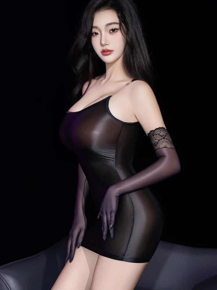 Sexy Frauen Bandage Micro Mini Kleid Elastische, Figurbetontes Kleid Streifen Öl Glänzend Glänzend Sheer Durchsichtig Cosplay Maid Kleid