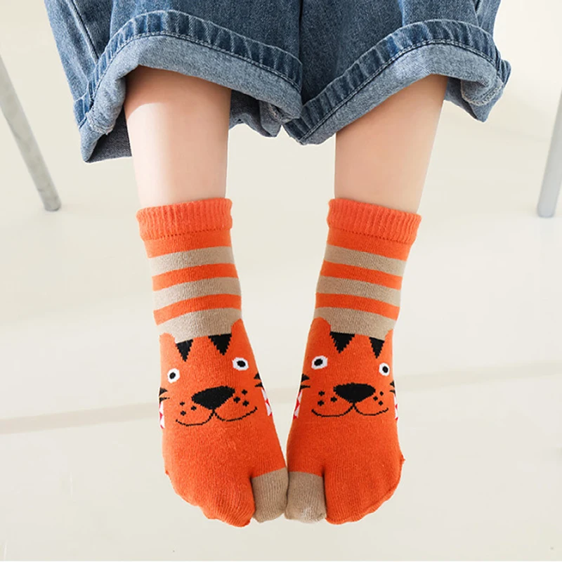 3-12T Cute Boys Girls Two Toed Tabi Socks Kids Cartoon Animals Printed Pure Cotton Short Socks Split Thumb Toe Socks