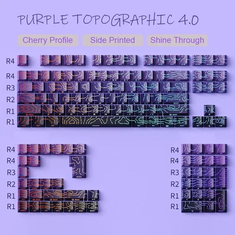 2026 New Purple Topographic Side Print Shine Through Keycaps 97/134+ Key Cherry Profile Double Shot Dye Sub PBT for MX Switch