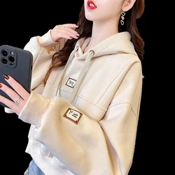 Women Korean Fashion Appliques Streetwear Y2K Hooded Sweatshirts Casual Oversized Short Hoodie Female Long Sleeve Pullover Tops