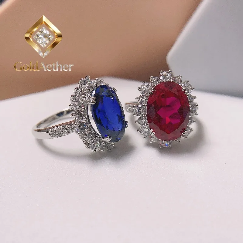 

GoldNouveau Amazed 8Ct 14X10mm Lab Created Sapphire/Ruby Gem Engagement Diamond Ring for Women Solid 14K White Gold Jewelry Wedd