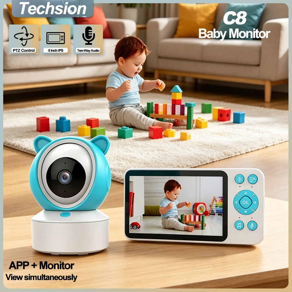 5 Inch Baby Monitor Home Cam App & Monitor Dual Control 2-Way Audio Temperature Motion Sound Detection Nanny Camera for Newborn