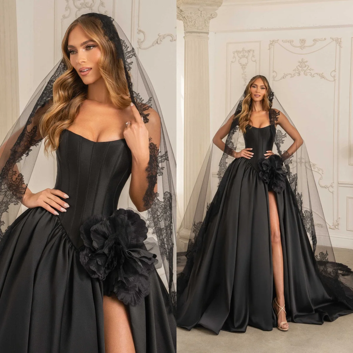 

Graceful 3D Flowers Wedding Dresses Strapless Sleeveless With Lace Appliques Veils Bridal Gown Vestidos De Novia Customized