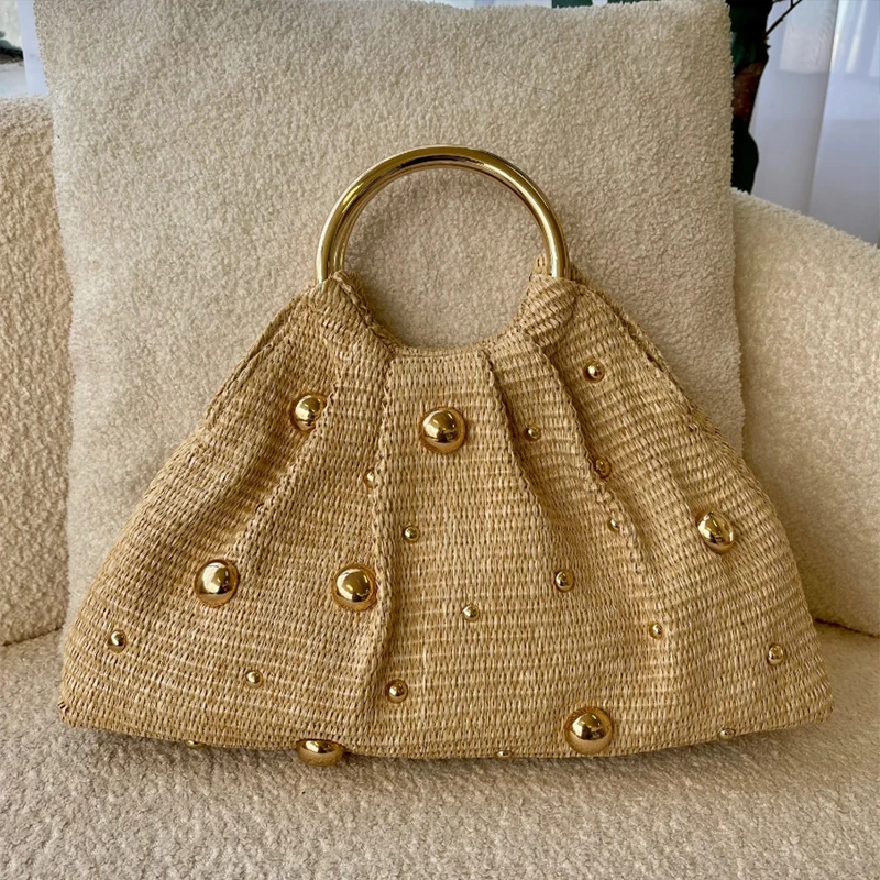 Boho Beaded Straw Handbag Elegant Circle Handle Clutch Purse Summer Beach Woven Tote Women's Rattan Evening Bag For Wedding Bag