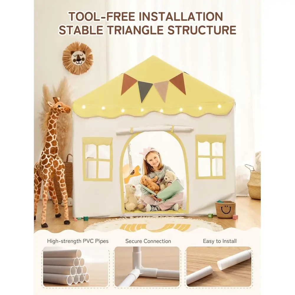 Tenda da gioco per bambini 2 in 1 con tappetino imbottito e luci, casetta da gioco per bambini grande con 2 ante e 4 finestre, per interni ed esterni, gialla