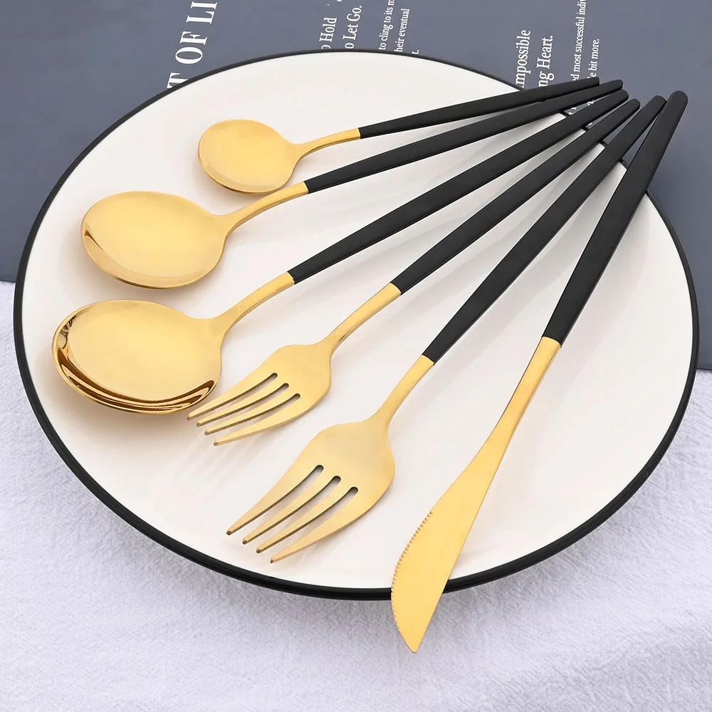 24/30/36Pcs Western Cutlery Set Mirror Tableware Set Stainless Steel Dinnerware Flatware Black Gold Spoon Fork Knife Dinner Set