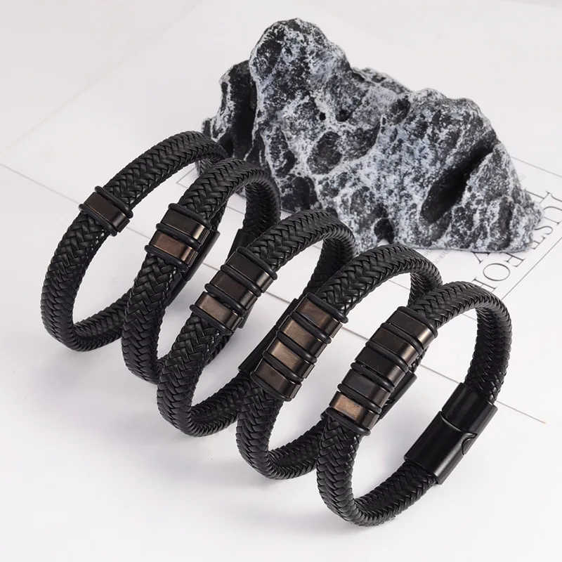 Pulsera antiestática de negocios para hombre, estilo Retro europeo americano, brazaletes de moda tejidos magnéticos de cuero y acero inoxidable