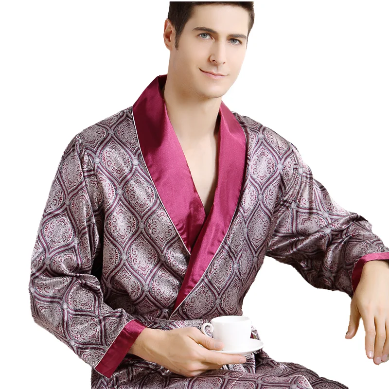 Men Luxury Silk Bathrobe Geometric Robes Big Size 5XL kimono Gown Male Robes V-neck Satin Sleepwear Pijamas Male