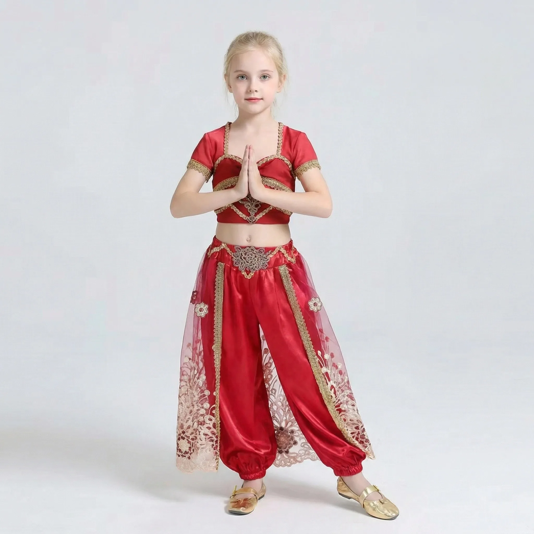 

Sari Dancewear Kids Indian Outfits Bollywood Clothing Children Belly Dance Costume Set 3pcs (Top Pants Headdress)