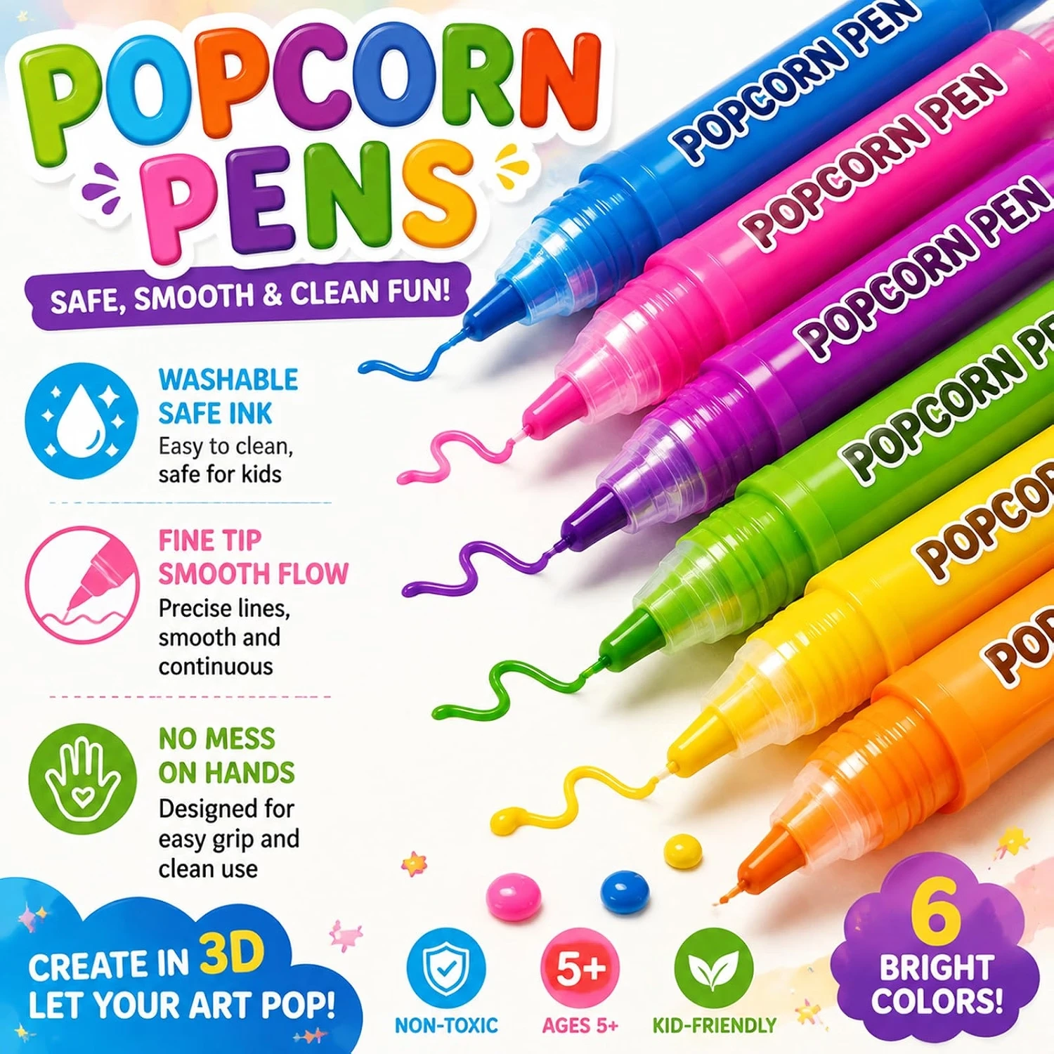 3D Puffy Popcorn Art Marker Set 6