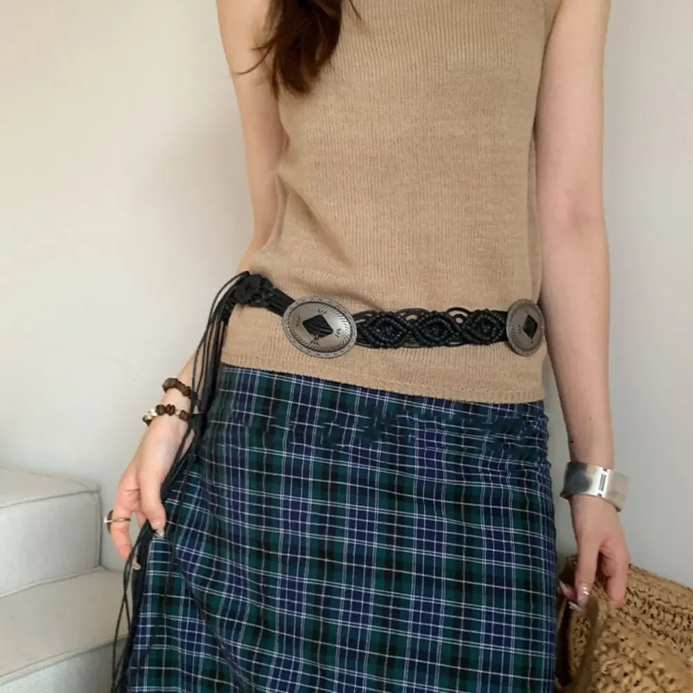 Simple Waistband Ethnic Style Weave Belt woven Hollow Bohemian Style Belt Round Ring Retro Tassel Waist Chain Daily