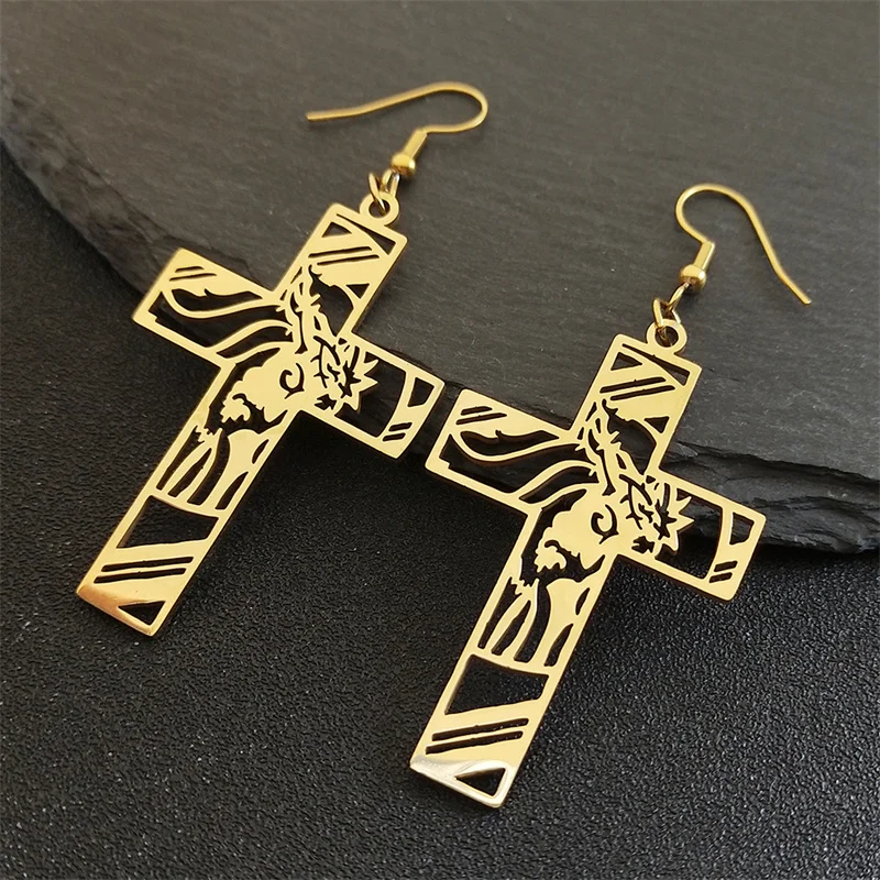 

Catholic Cross Crucifix Pendant Earrings for Women Stainless Steel Gold Color Religious Holy Lord Amulet Earring Jewelry E8245