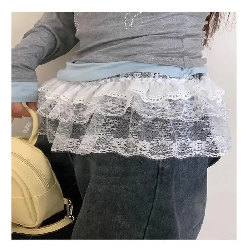 Modischer Spitzenrock mit unregelmäßigem Saum, weiße Blumen, Spitzen-Mesh-Halbrock für Damen, Sommerhose, Jeans-Dekorativer Saum – Detail 10