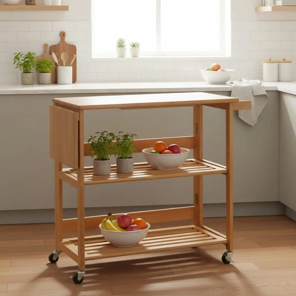 Foldable Kitchen Cart, Brown Solid Wood, Open Utility Cart, Serving Trolley on Wheels, Compact Storage, Adjustable, Customized
