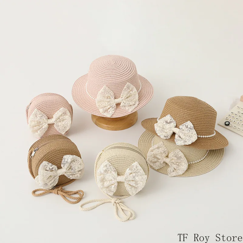 Fashion Lace Baby Hat Bag Summer Straw Bow Baby Girl Cap Beach Children Panama Hat Princess Baby Hats and Caps for 3-6 Years Old