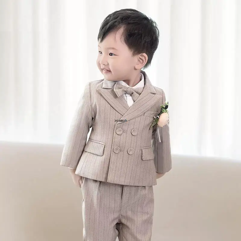 Children Khaki Jakcet Vest Pants Bowtie Wedding Dress Little Boys Photography Suit Kids Performance Birthday Ceremony Costume