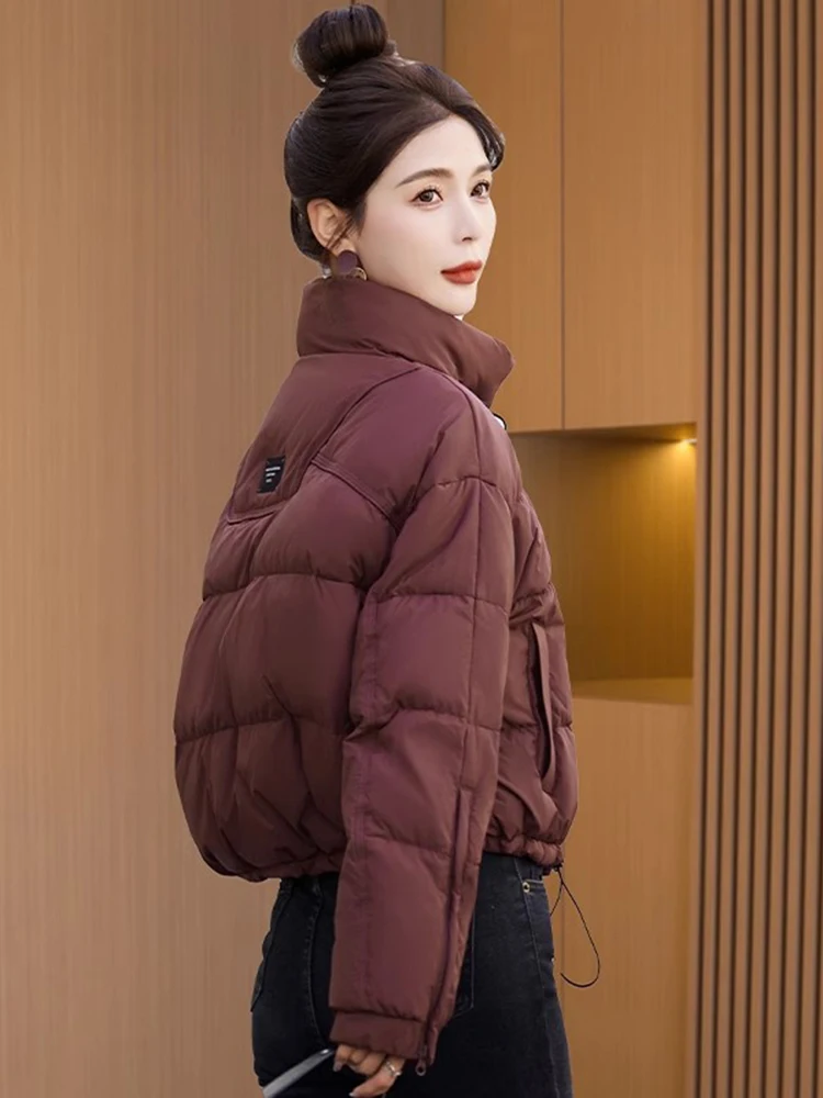 

Faionable Stand Collar Cotton Jaet Women's Winter Thiened Bread Sle Coat Korean Version Loose Fit Pure Color Zipper
