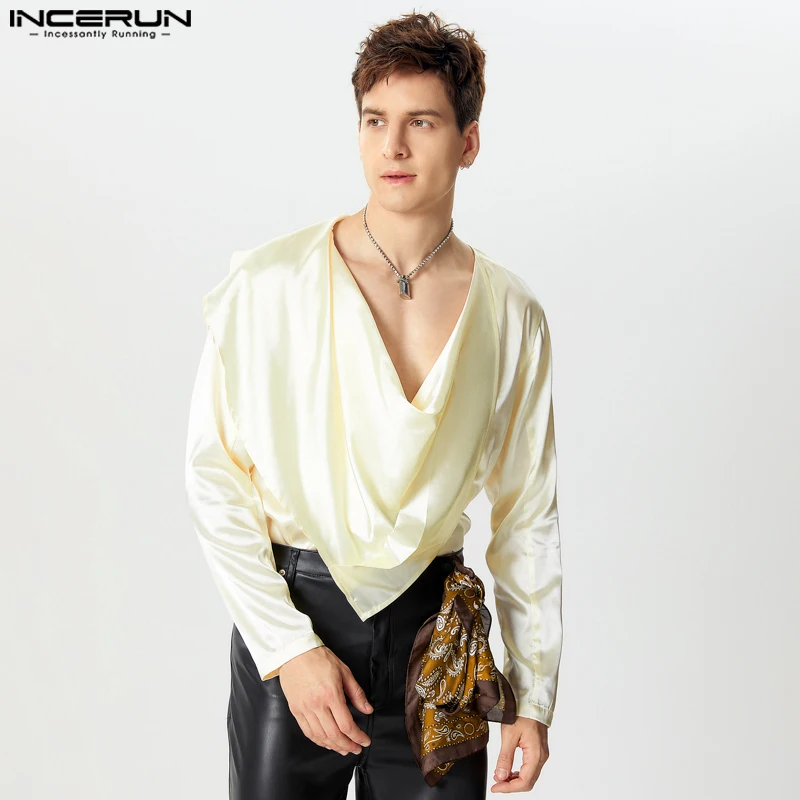 INCERUN Tops 2024 American Style Handsome Men\'s Fashion Twisted Collar T-shirts Casual Clubwear Male Satin Long Sleeved Camiseta