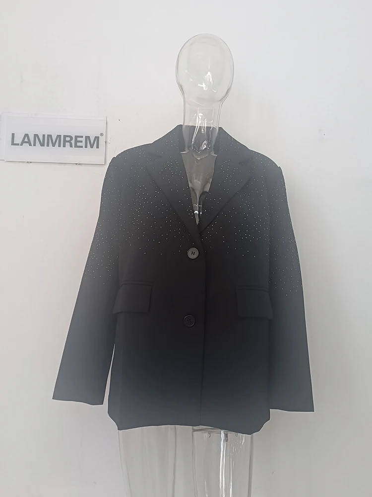 LANMREM Black Blazer Coat For Women Notched Collar Long Sleeves Sequins Loose Style Office Lady Chic Clothing 2024 New 2DA5460