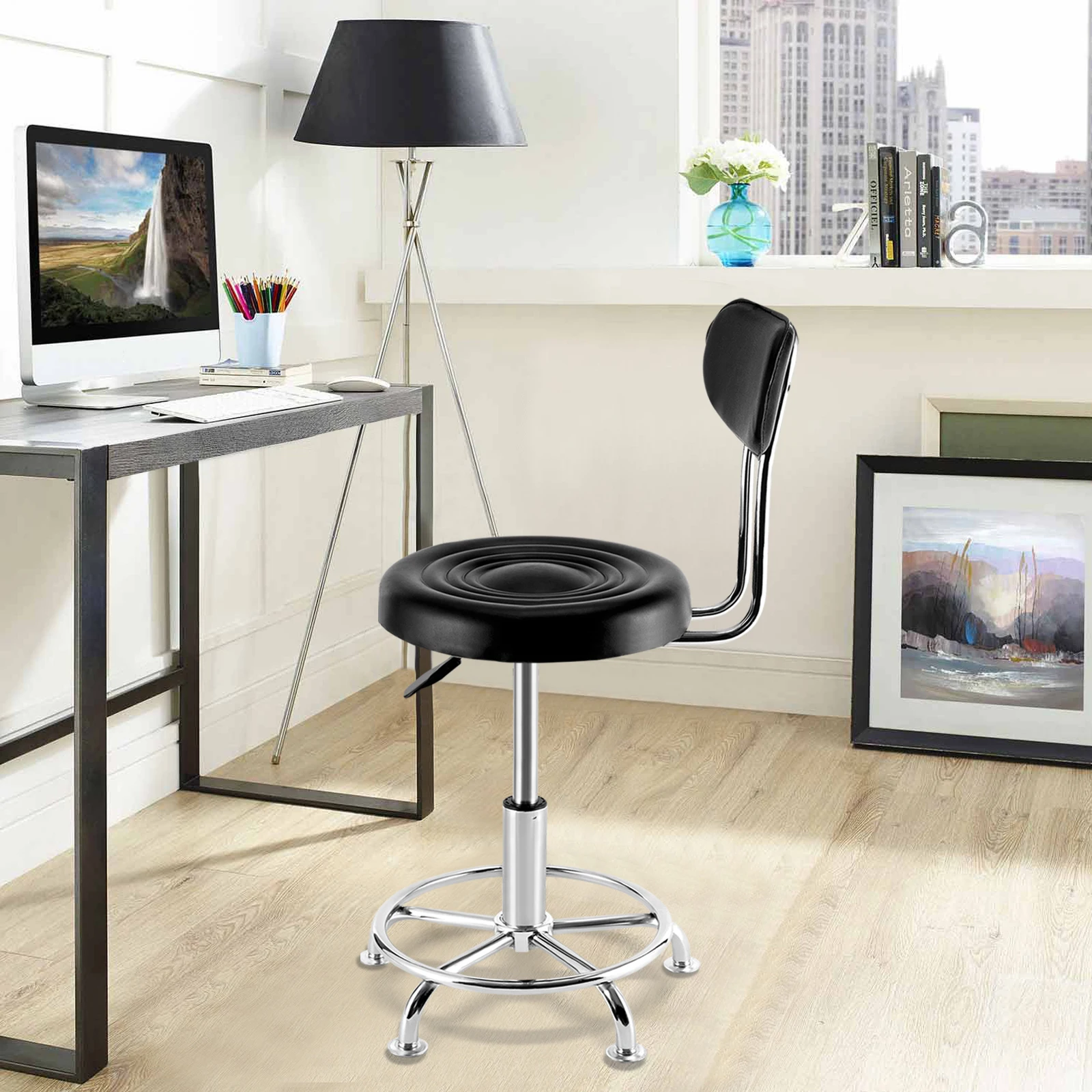 

Work Shop Round Bench Hydraulic Chair Bar Garage Adjustable Height&Back&Footrest