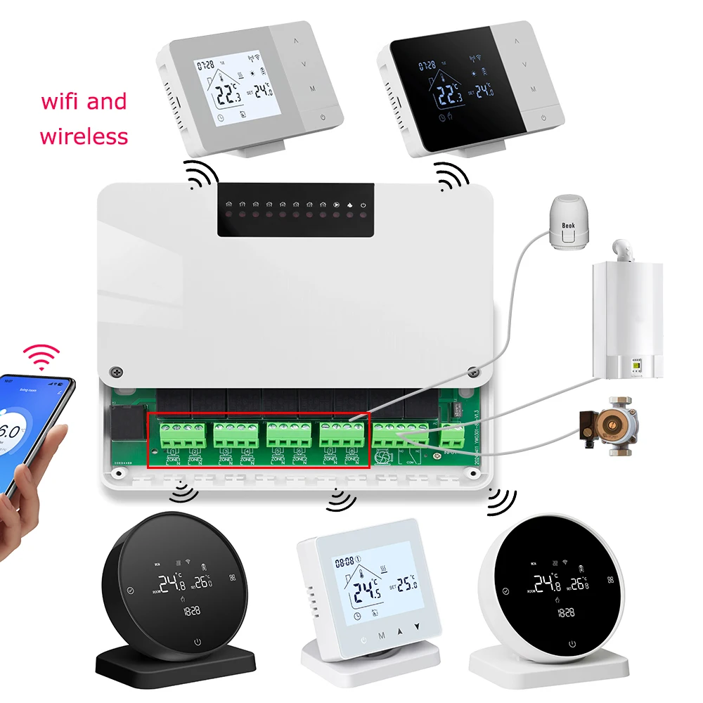 Wireless Thermostat Controller Wifi Smart Home 8-Zone Heating System for Boiler Water Floor Actuator With Alexa Google Home