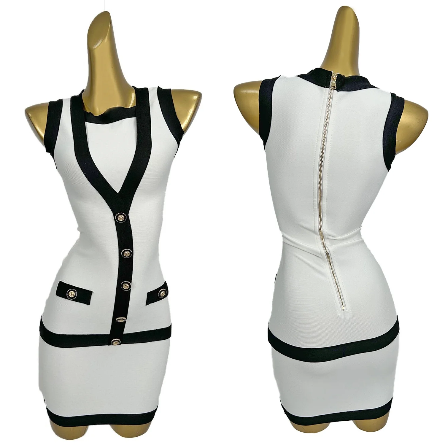 

2025 Fashion Women Bandage Ultra Short Dress Elegant Black White High Street Office Lady Button Tight Fitting Elastic Mini Dress