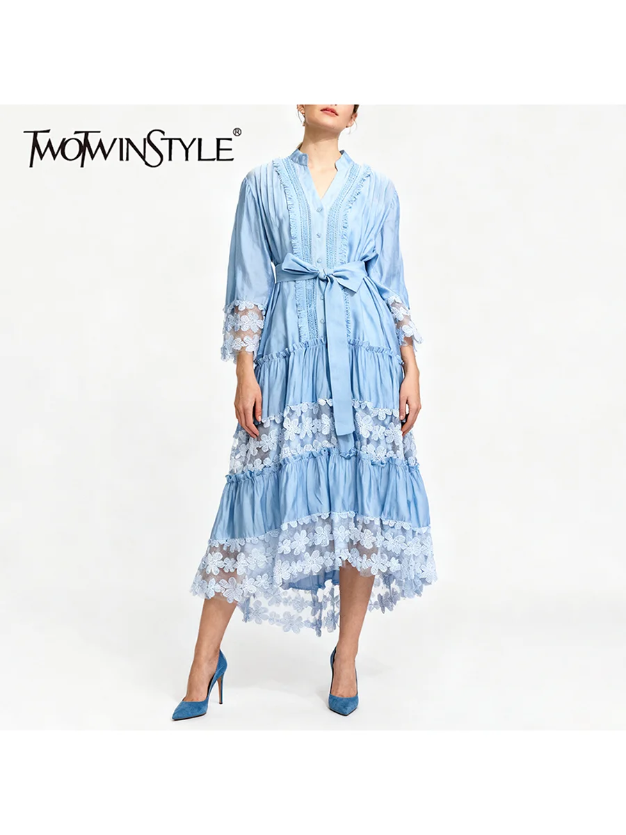 TWOTWINSTYLE Hit couleur pure épissé Appliques robes élégantes pour les femmes col en V demi manches Patchwork champignon plis robe femme