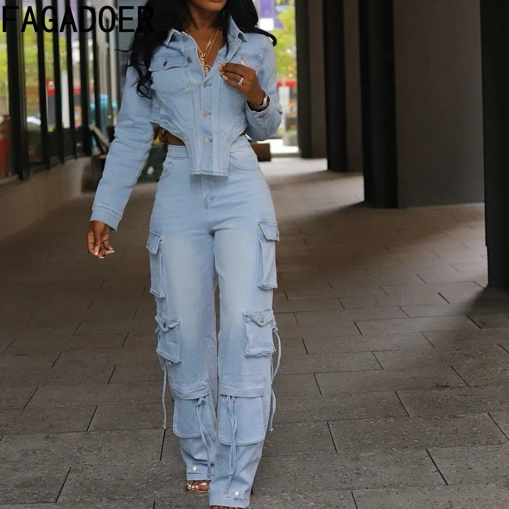 FAGADOER Retro Denim 2 Piece Sets Women Outfit Buttons Irregular Crop Jacket And Pockets Cargo Jeans Suit Female Streetwear New