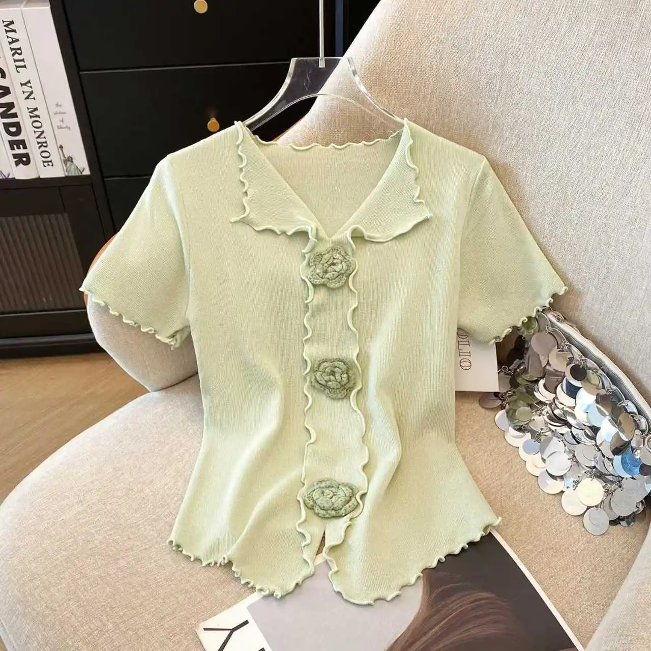 new 3D Floral Knitted Slim Women Tshirt Short Sleeve Knitwear V-neck Tops Casual Cropped Sweater Top Korean Elegant Summer 2027