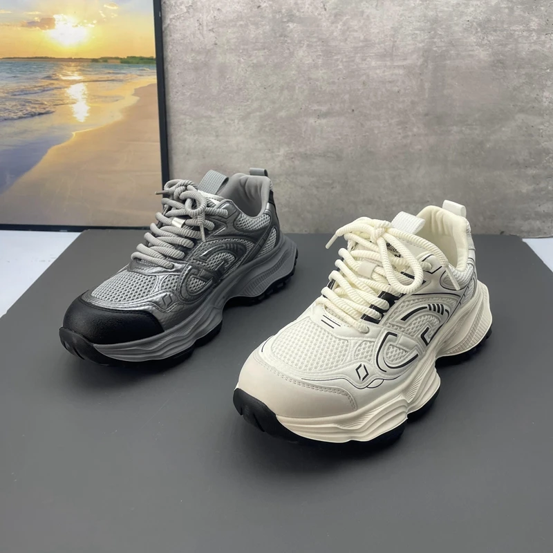 

Men's Spor Dad oes Spring Season round Toe Laced Thi Bot Breathable Leather Casual Faion Sneakers