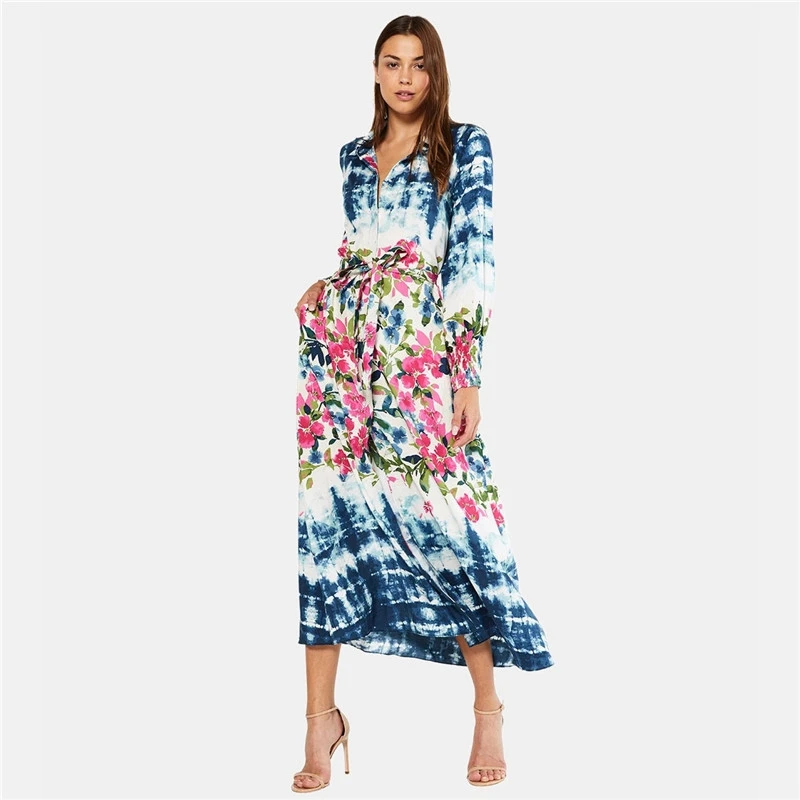 T-Shirt Kleid Frauen Sommer Floral Maxi Gürtel Lange Kleider Boho Oversize Drehen Unten Kragen Blume Drucken Tropical Kaftan Abdeckung Ups