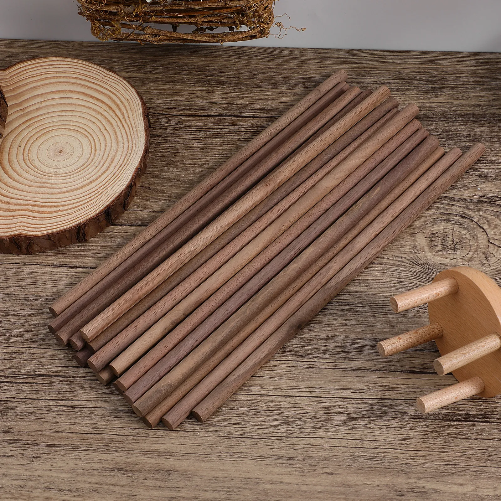 

24Pcs Genuine Black Walnut Wooden Dowels Smooth Round Unfinished Sticks for Crafting Sewing Notions Cake Decorating Supplies