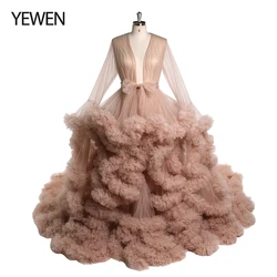 V Neck Long Sleeves 1M Train Cloud Ruffles Maternity Shoot Dress Tulle Gowns for Photo Shoot Photography Props YEWEN YW220809