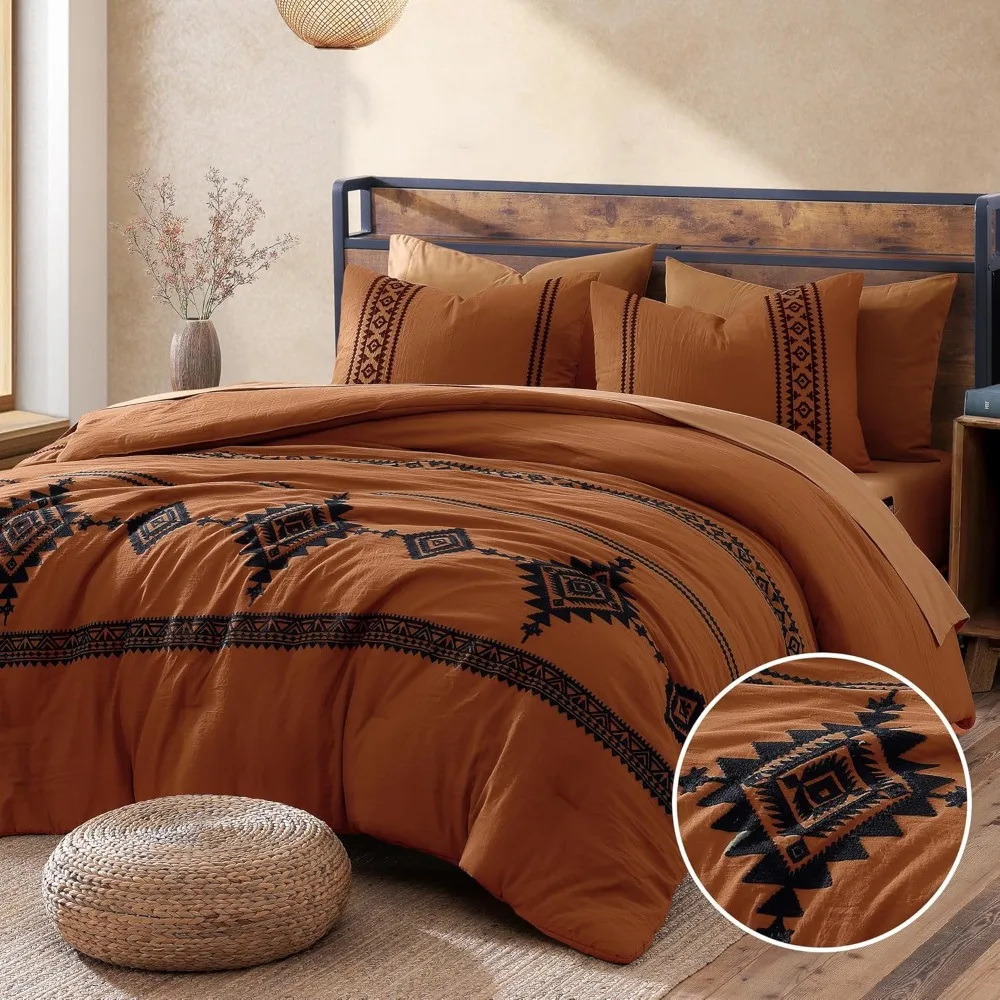 

MAIREVE Burnt Orange Embroidery Comforters Set Queen Size - 7 Pieces, Farmhouse Western Bedding All Season, Bed in A Bag Queen B