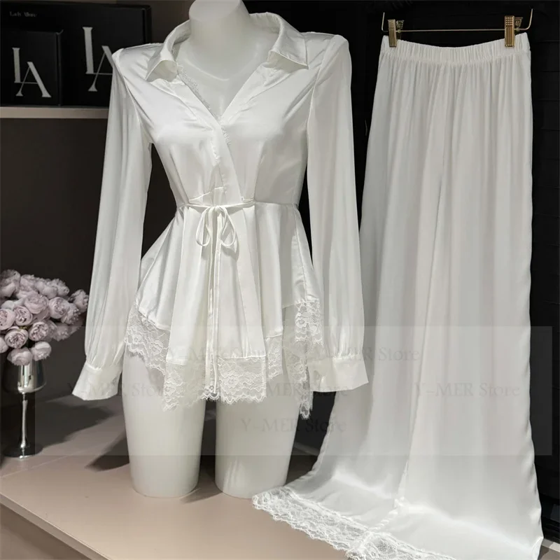 

Vestidos De Novia Pijama Mujer Bride Wedding White Sleepwear Shirt Pants 2Pcs Nightwear Sexy Home Clothes Lace Trim Loungewear