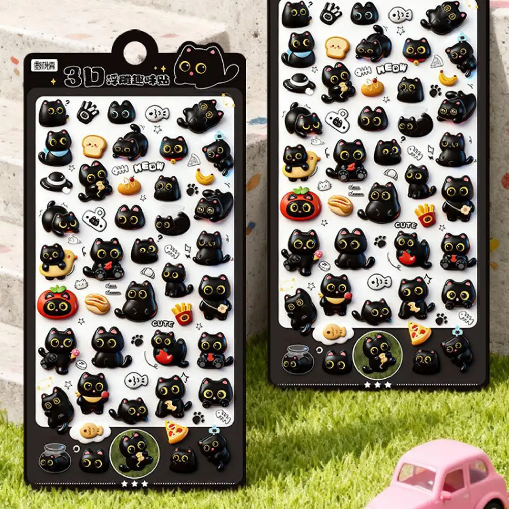4pcs 3D Cute Cartoon Puffy Stickers Black Cat & Funny Expressions Relief Stickers For Scrapbooking, Journals and Craft Stickers view 4