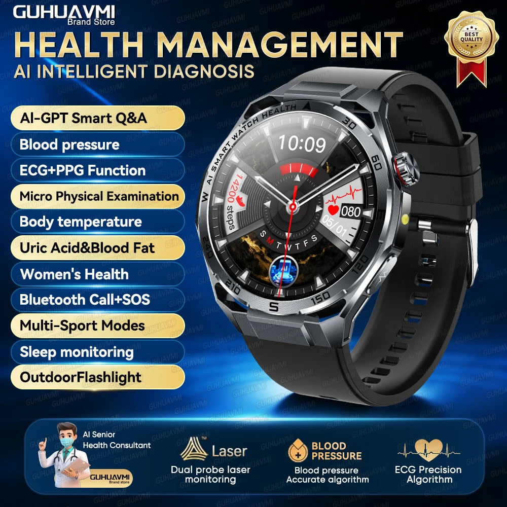 2026 AI Gezondheidsdiagnose ECG+PPG SmartWatch Mannen Bloeddruk Lipiden Urinezuur Hartanalyse 1,53-inch Bluetooth-oproep Smartwatch