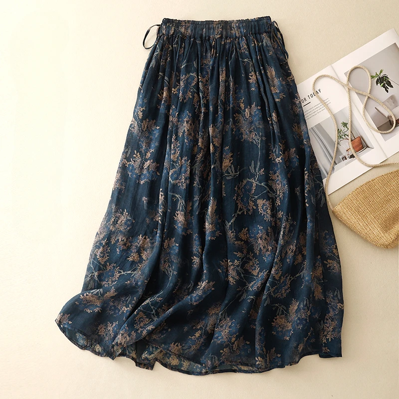 Vintage Women Skirts 2024 New Spring/summer Cotton Linen A-LINE Korean Clothing Sales High Waist Loose Print Chinese Style Skirt