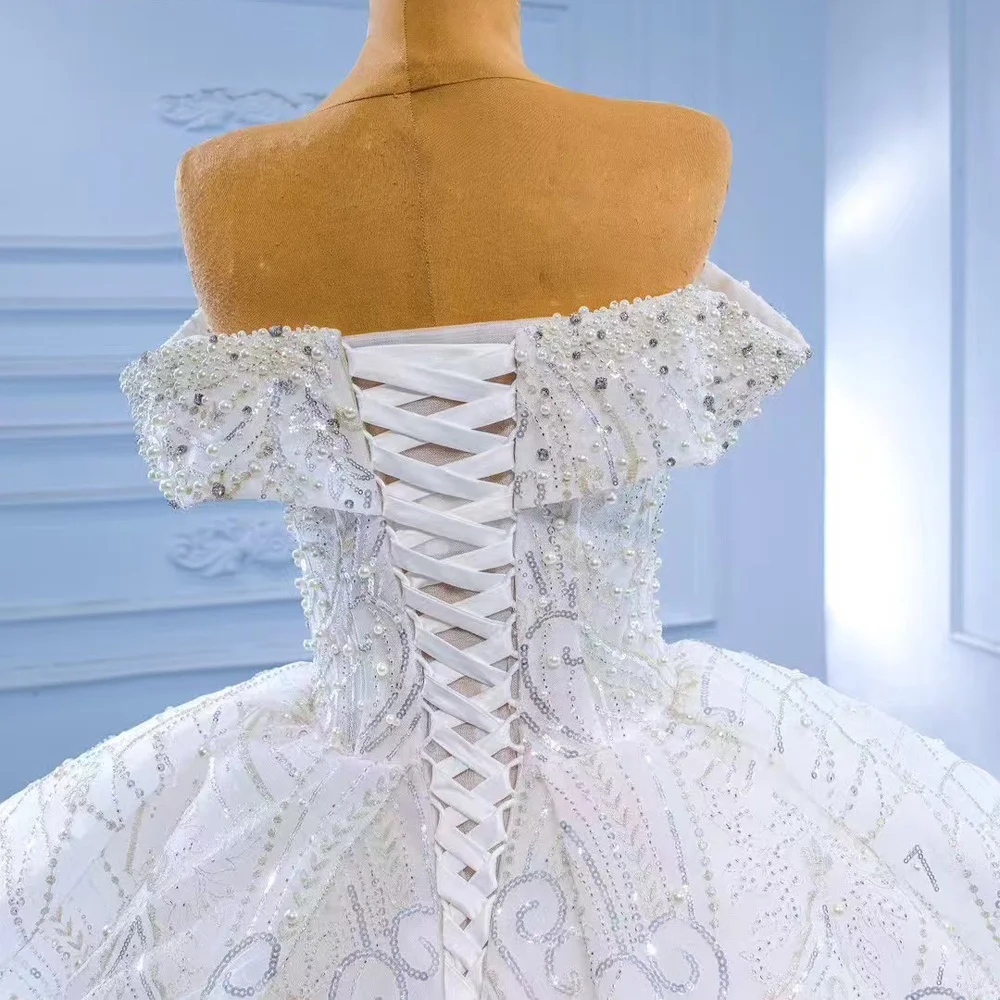 Customizable Sweetheart Off-The-Shoulder Wedding Dress Lace-Up Back Ball Gown With Pearls And Sequins