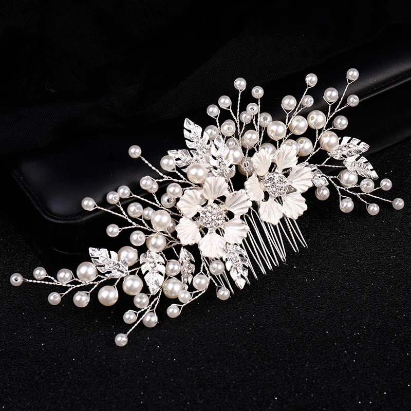 Luxury Crystal Pearl Flower Hair Comb Headband Tiara For Women Bride Party Bridal Wedding Hair Accessories Jewelry Comb Headband